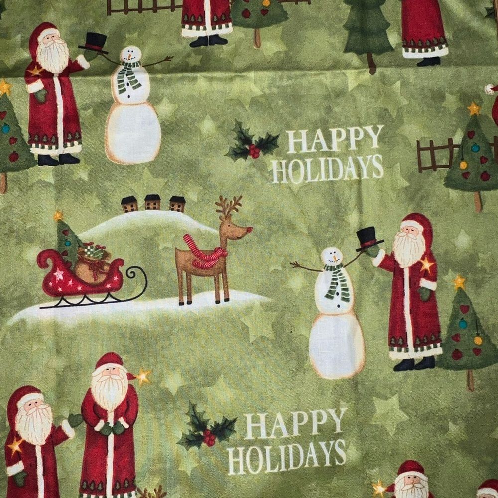 2 pieces Christmas Fabric - Santa w/ Snowman & Deer on Green - 48" & 12" pieces - Picture 2 of 4